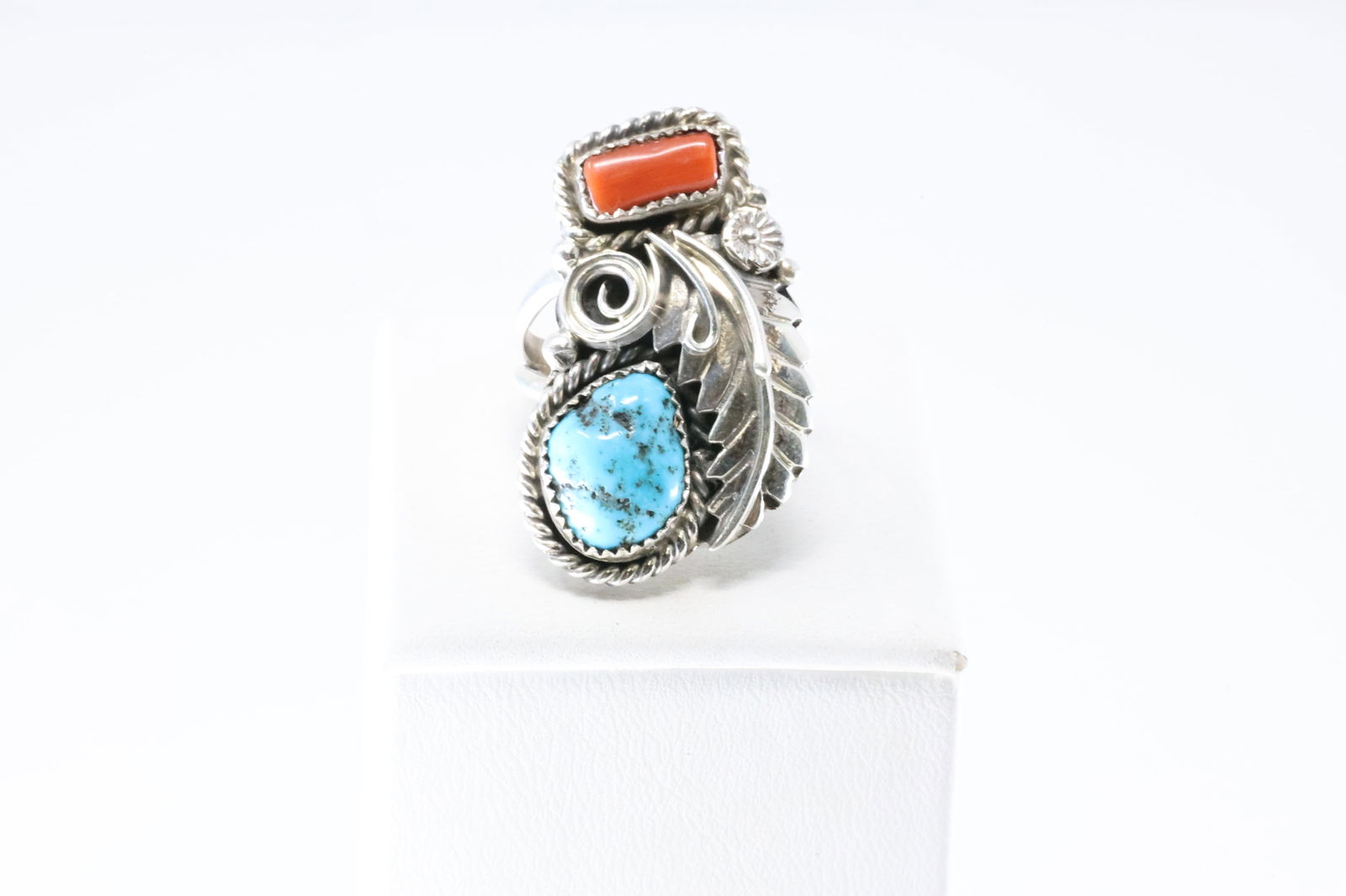 Native America Navajo Sterling Silver Coral & Turquoise Feather Ring By Lorraine Spencer. (1 of 4)