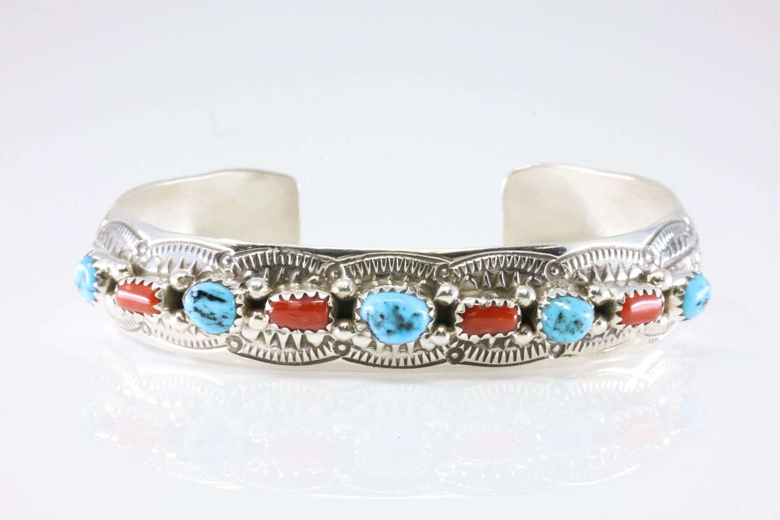 Native America Navajo Sterling Silver Coral & Turquoise Bracelet Cuff By G.S. (1 of 4)