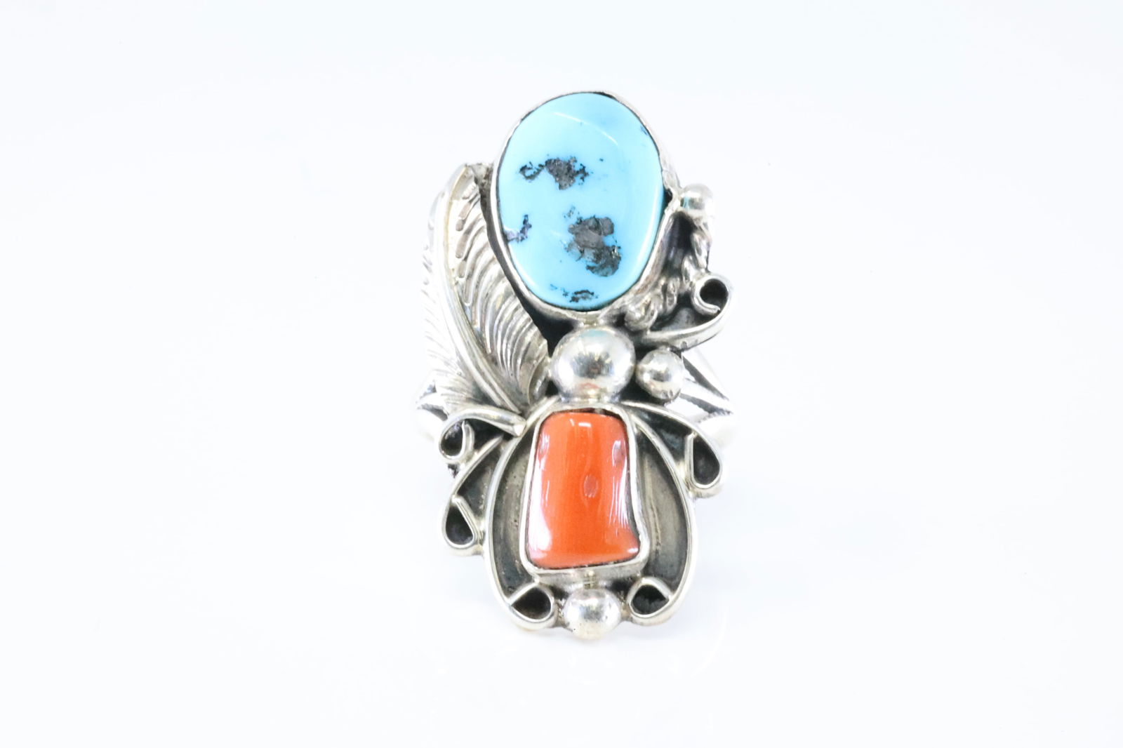 Native America Navajo Sterling Silver Coral & Turquoise Ring By H.Y. (1 of 4)