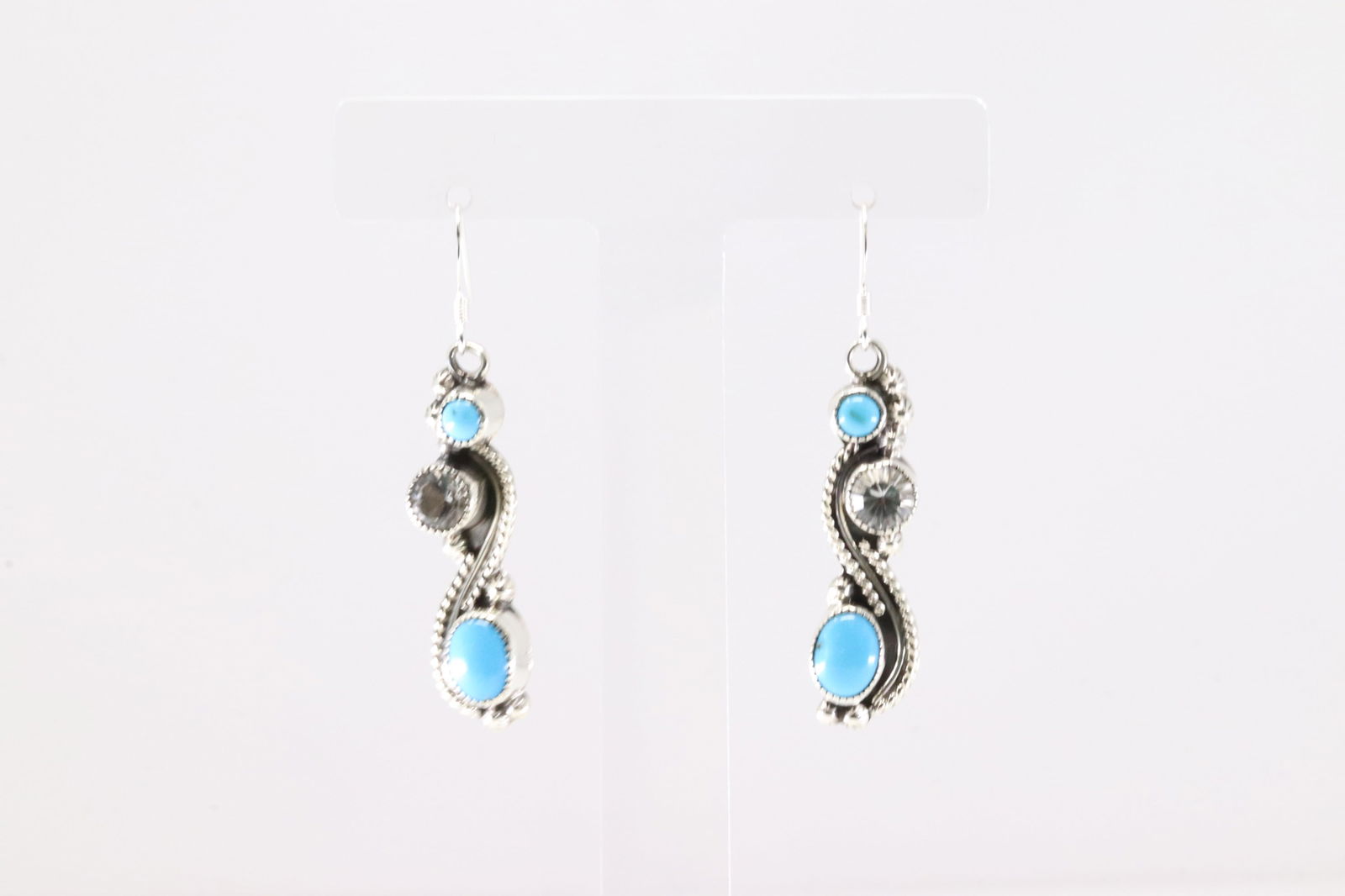 Native America Navajo Sterling Silver Cubic Zirconia & Turquoise Dangling Earring's By Jimmy Garcia. (1 of 4)