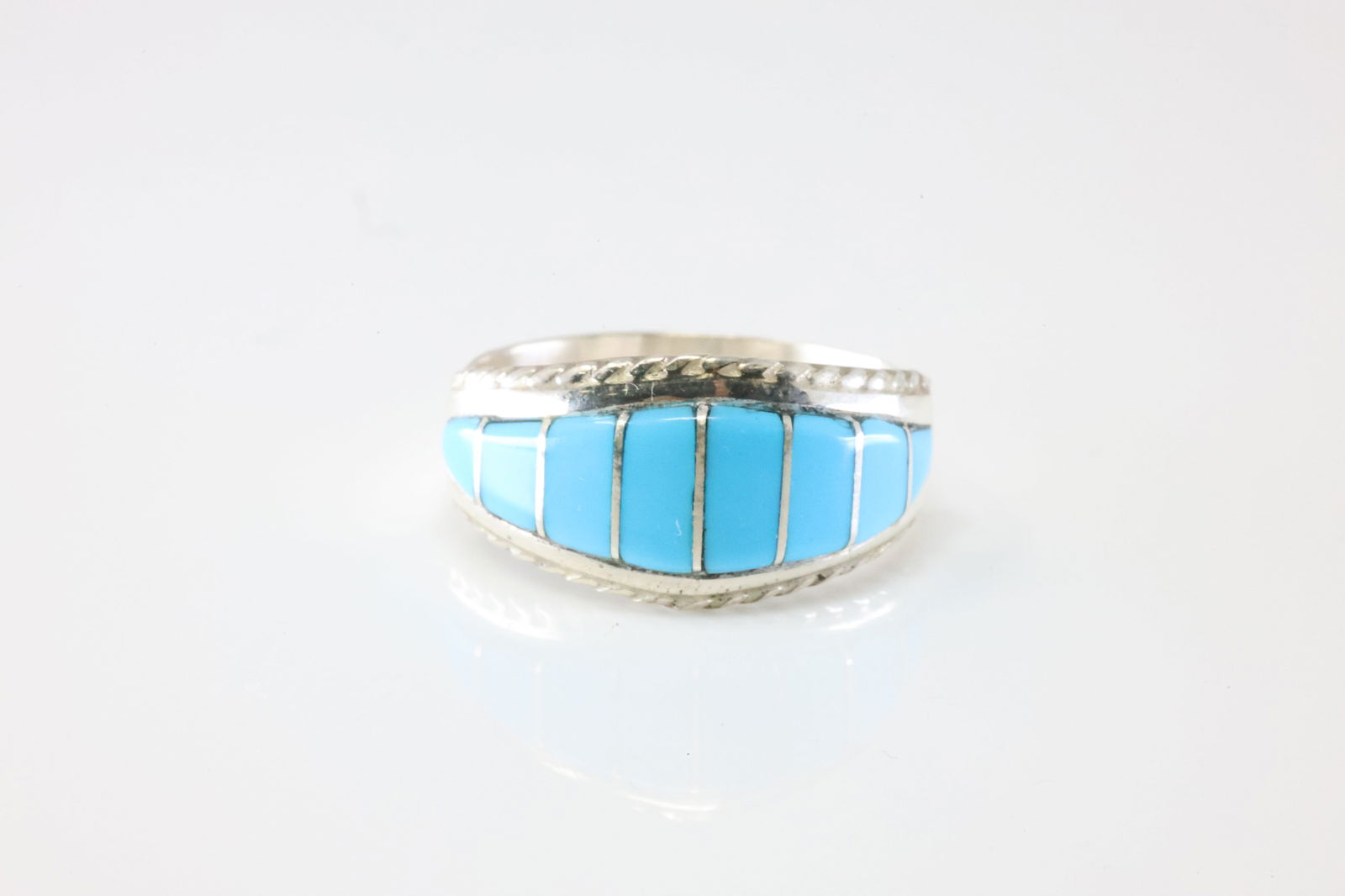 Native America Zuni Sterling Silver Turquoise Inlay Ring By MP. (1 of 4)