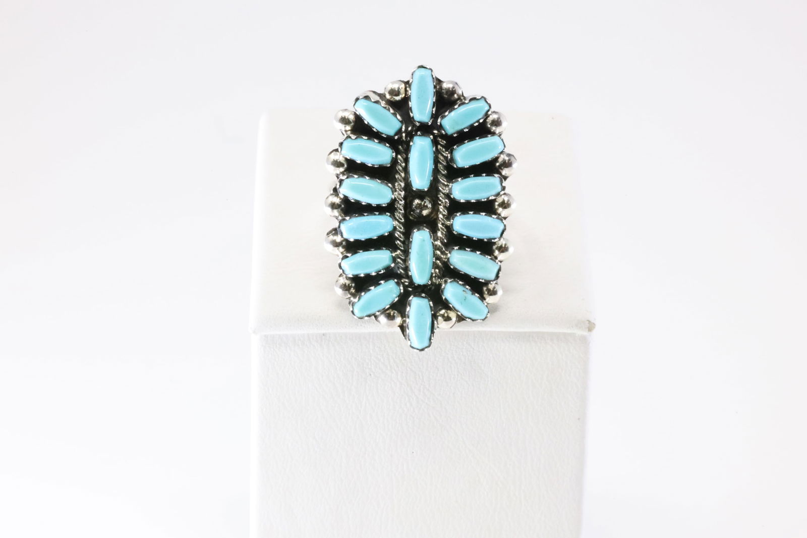 Native America Zuni Sterling Silver Turquoise Ring By Veronica Martza.: This is a Native America Zuni Sterling Silver Turquoise Ring By Veronica Martza. Stamp V Martza. Ring Size: 8.50.