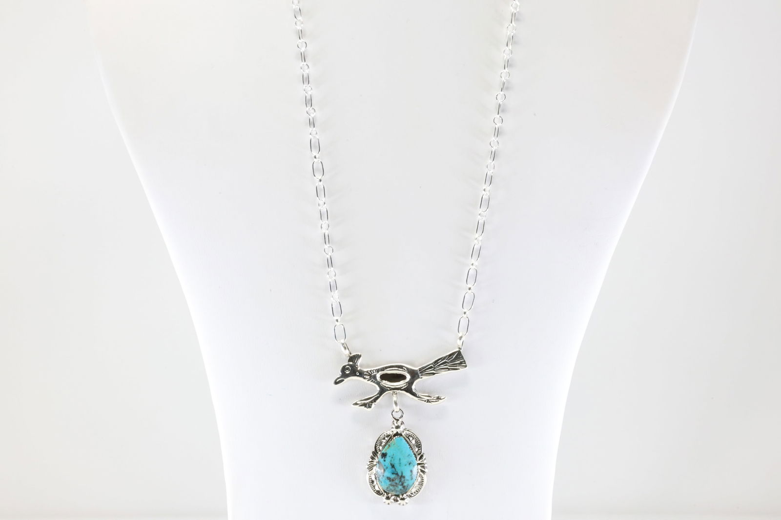 Native America Navajo Sterling Silver Turquoise Roadrunner Necklace By Michael Yazzie. From R.B: This is a Native America Navajo Sterling Silver Turquoise Roadrunner Necklace By Michael Yazzie. From R.B Company. Stamp By R.B Company.