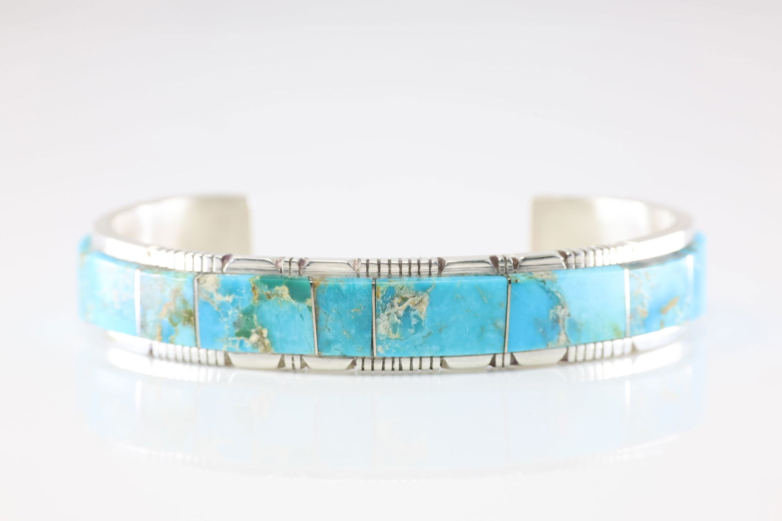 Native America Navajo Sterling Silver Kingman Turquoise Inlay Bracelet Cuff By S.F. (1 of 4)