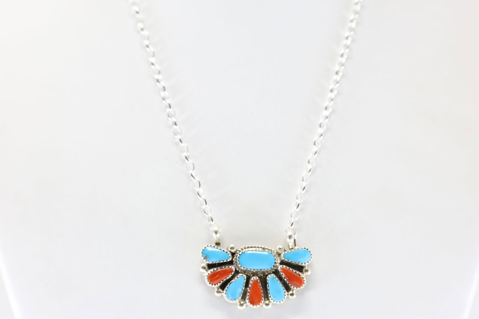 Native America Zuni Sterling Silver Coral & Turquoise Necklace By Alicia Wislon.: This is a Native America Zuni Sterling Silver Coral & Turquoise Necklace By Alicia Wislon. Stamp AJW. Necklace Length: 16.00.