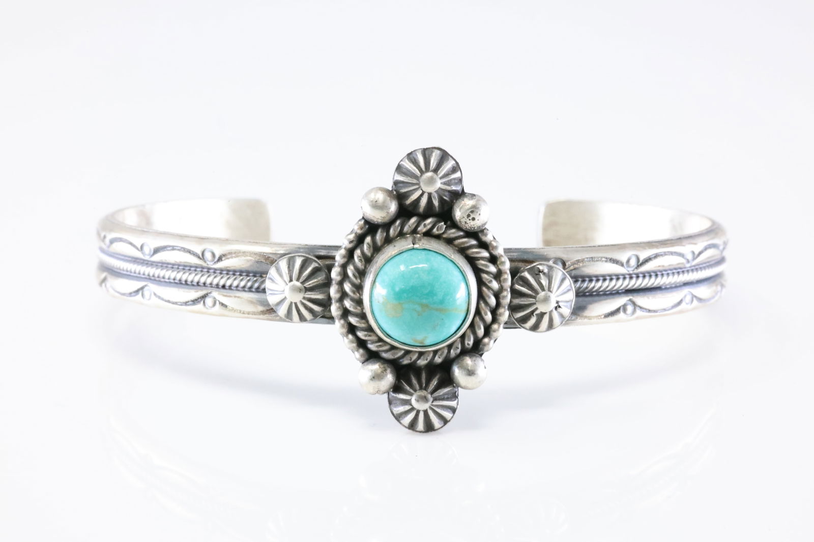 Native America Navajo Sterling Silver Turquoise Bracelet Cuff By M.C.: This is a Native America Navajo Sterling Silver Turquoise Bracelet Cuff By M.C. Stamp MC.
