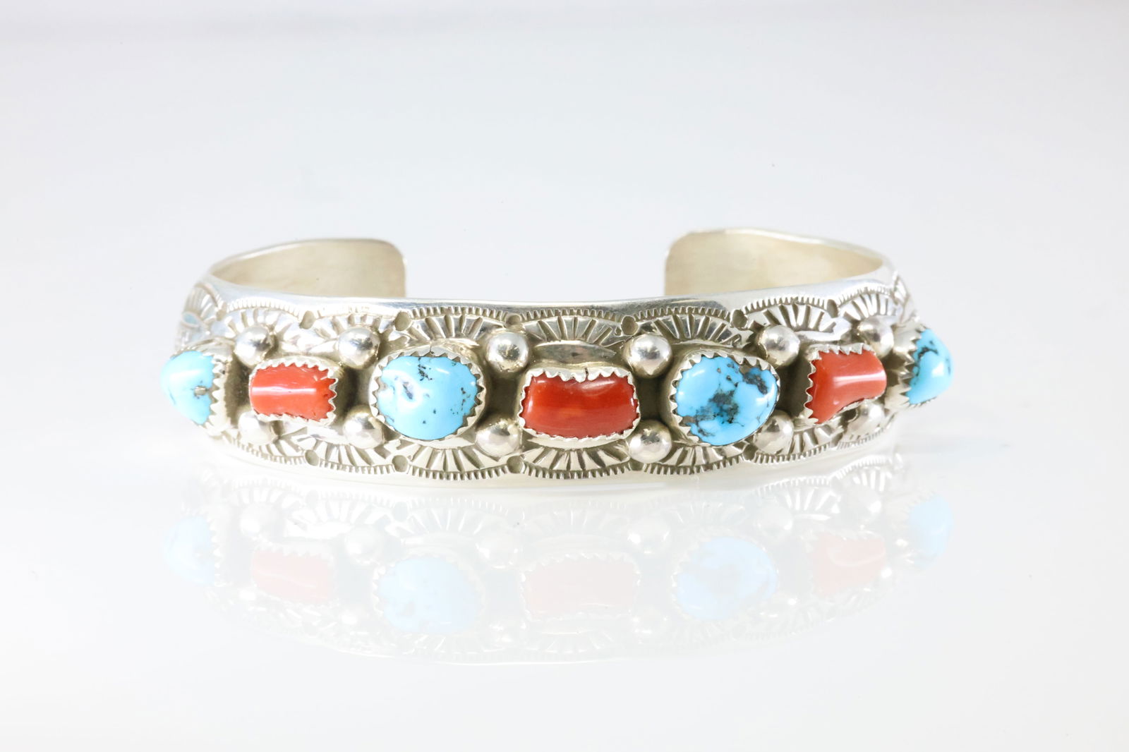 Native America Navajo Sterling Silver Coral & Turquoise Bracelet Cuff By GS. (1 of 4)