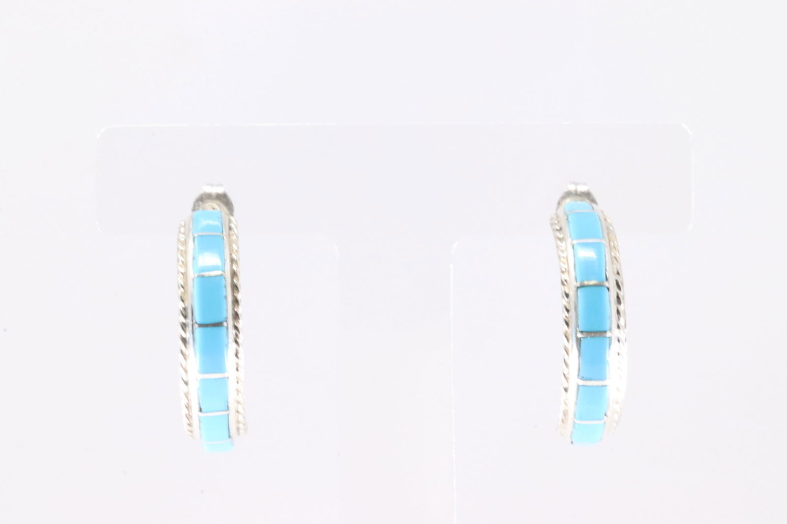 Native America Zuni Sterling Silver Turquoise Hoop Earring's By Miranda Peynetsa.: This is a Native America Zuni Sterling Silver Turquoise Hoop Earring's By Miranda Peynetsa. Stamp MP.