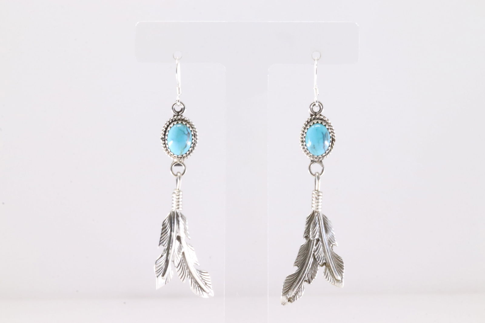 America Sterling Silver Turquoise Feather Dangling Earring's. (1 of 4)