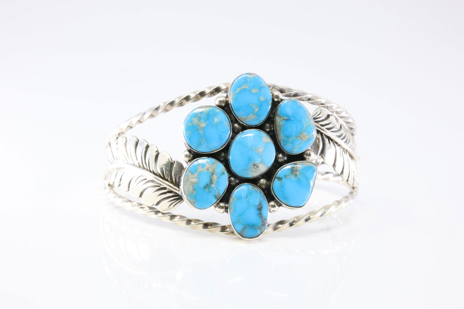 Native America Navajo Sterling Silver Turquoise Floral Bracelet Cuff By P. A. Smith. (1 of 3)