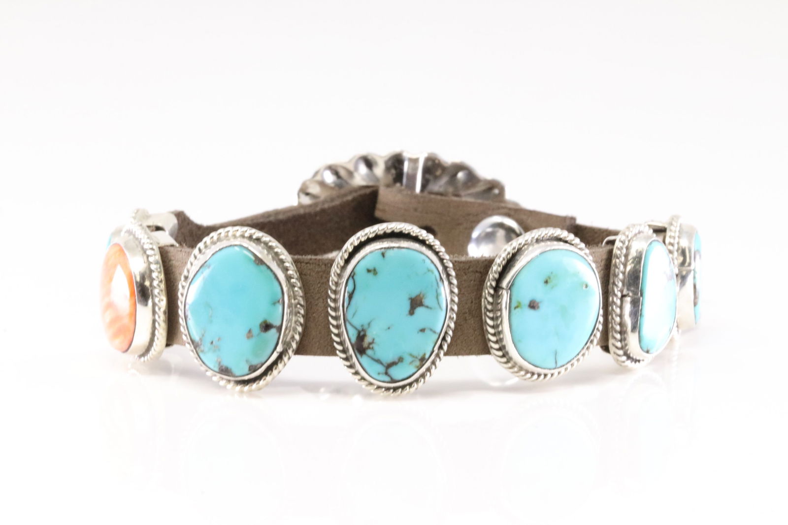 Native America Navajo Sterling Silver Spiny Oyster & Turquoise Leather Bracelet By M. (1 of 4)