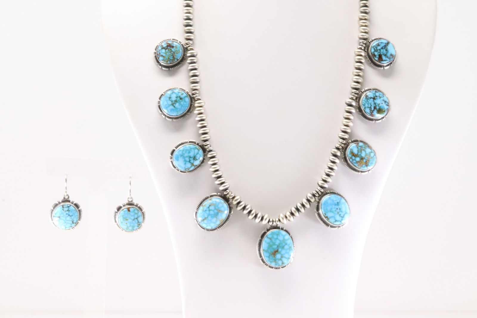 Native America Navajo Sterling Silver Kingman Turquoise Necklace & Earring's Set By L.M.Y. (1 of 7)