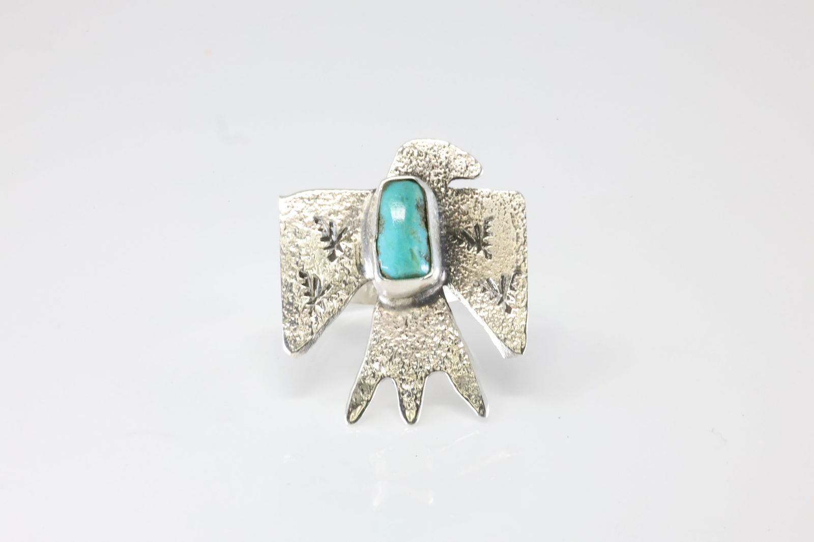 Native American Zuni Sterling Silver Turquoise Thunderbird Ring By Jude Candelaria.: This is a Native American Zuni Sterling Silver Turquoise Thunderbird Ring By Jude Candelaria. Stamp Jude Candelaria. Ring Size: 8.00.