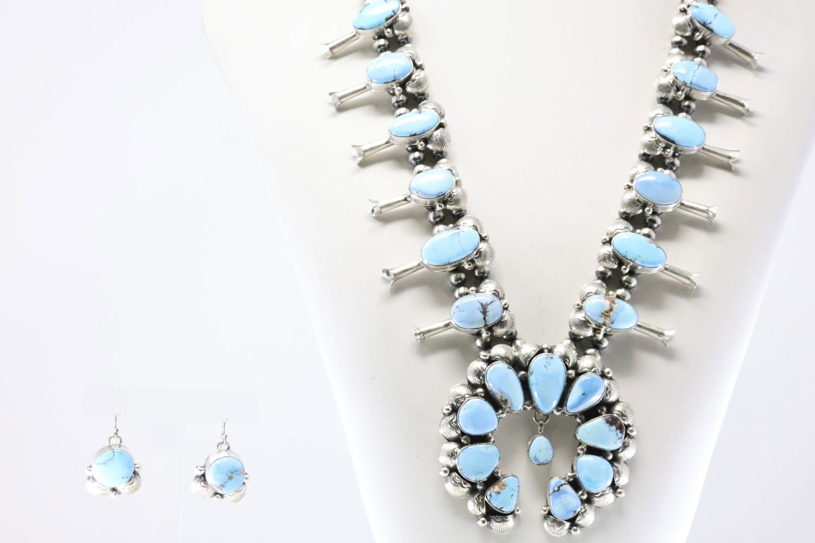 Native American Navajo Sterling Silver Golden Hill Turquoise Squash Blossom Necklace & Earring's Set (1 of 7)