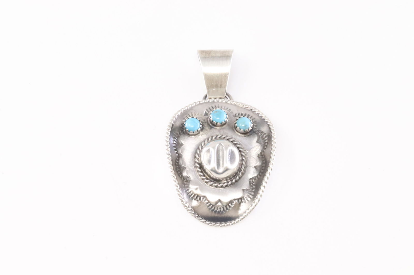 Native America Navajo Sterling Silver Turquoise Cowboy Hat Pendant By Bobby Platero.: This is a Native America Navajo Sterling Silver Turquoise Cowboy Hat Pendant By Bobby Platero. Stamp From R.B Company.