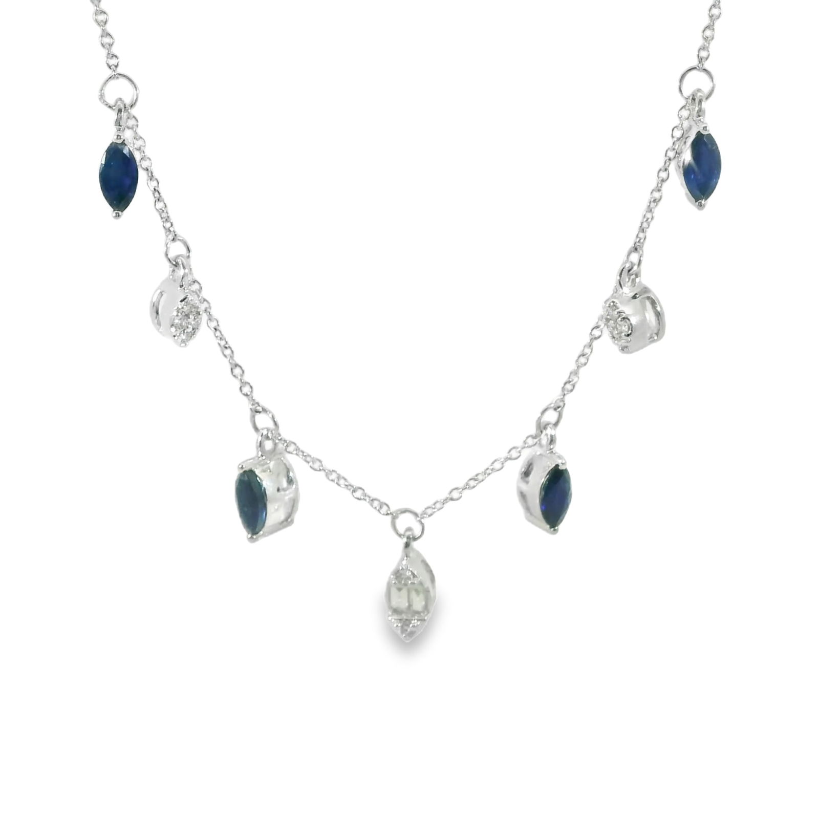 Sapphire & Diamond Necklace 14Kt.: Ladies 14Kt White Gold Sapphire & Diamond Necklace. This exquisite silver necklace features delicate blue sapphire & diamonds accents that add a touch of sophistication to any outfit. The intricate