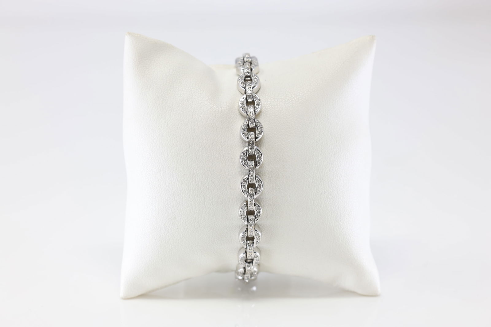 Diamond Bracelet 18Kt.: Ladies 18Kt White Gold Diamond Bracelet. This Bracelet has 227 Round Sparkling Diamonds. Diamond Weight Approx: 2.30 ctw Bracelet Length: 16.00. Total Weight: 23.80 Grams.