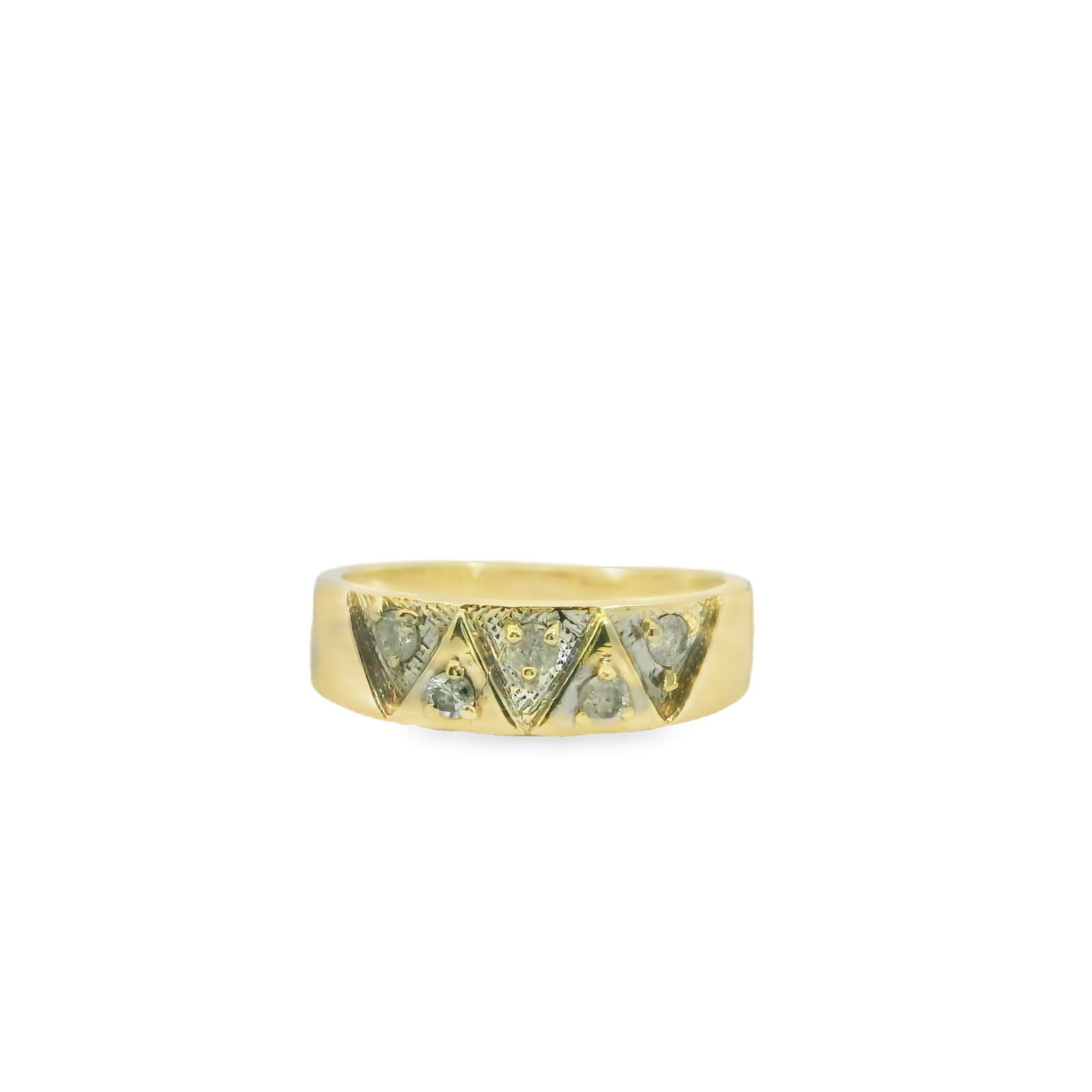 Diamond Ring 10Kt.: Ladies 10Kt Yellow Gold Diamond Ring. This exquisite gold ring features a series of sparkling diamonds set in a unique triangular pattern, offering both elegance and sophistication. Ring size: 9.50.