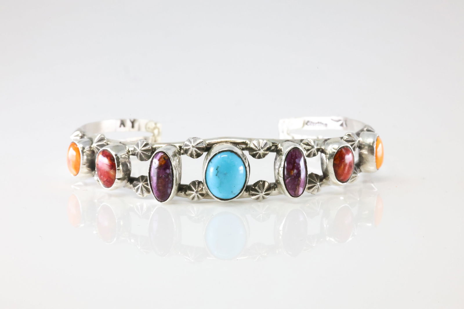 Native America Navajo Sterling Silver Multicolor Stone Bracelet Cuff By AY. (1 of 4)