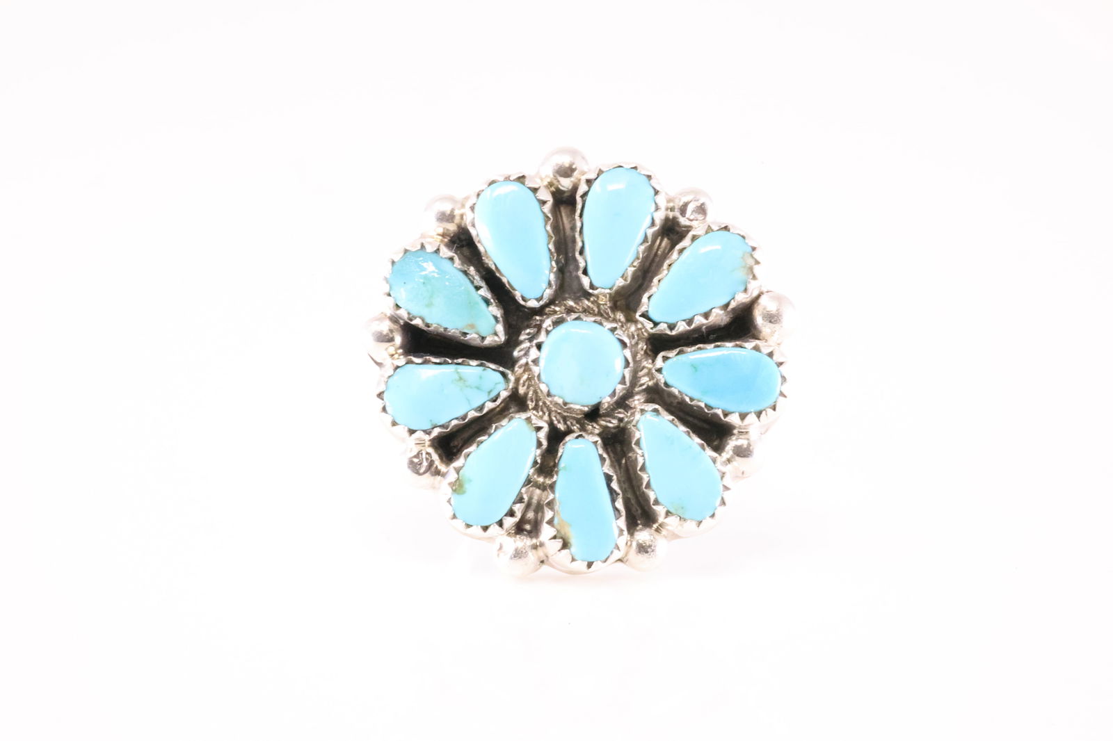 Native America Zuni Sterling Silver Turquoise Flower Deisgn Ring By Alicia Wilson.: This is a Native America Zuni Sterling Silver Turquoise Flower Deisgn Ring By Alicia Wilson. Stamp AJW. Ring Size: 7.50.