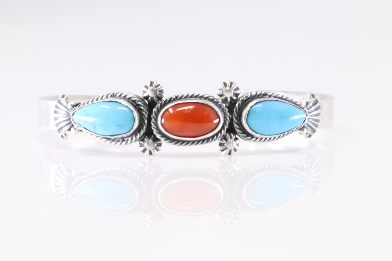 Native America Navajo Sterling Silver Coral & Turquoise Bracelet Cuff By Harry B. Yazzie.: This is a Native America Navajo Sterling Silver Coral & Turquoise Bracelet Cuff By Harry B. Yazzie. Stamp HBY.