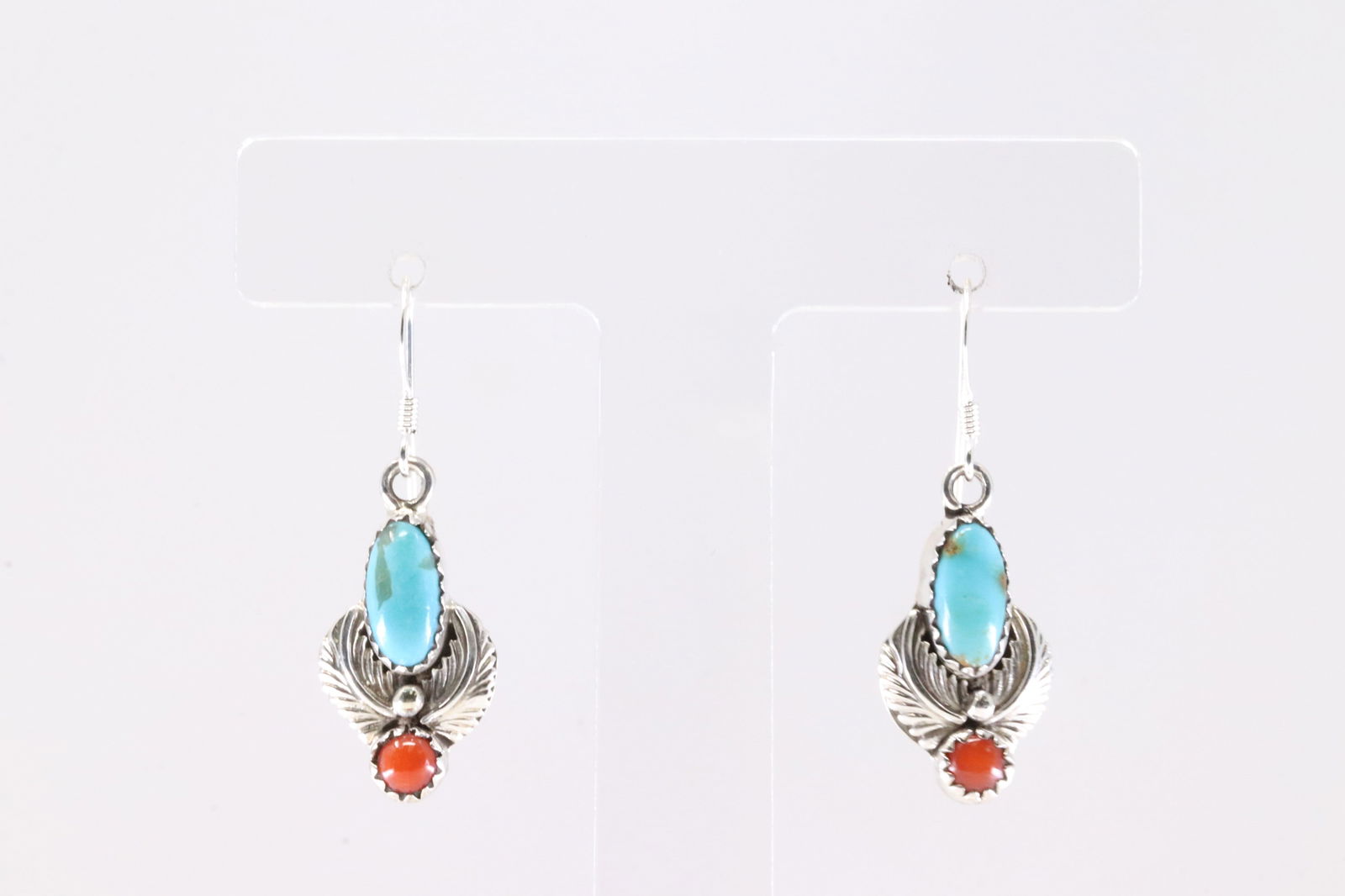 America Sterling Silver Coral & Turquoise Dangling Earring's.: This is a America Sterling Silver Coral & Turquoise Dangling Earring's.