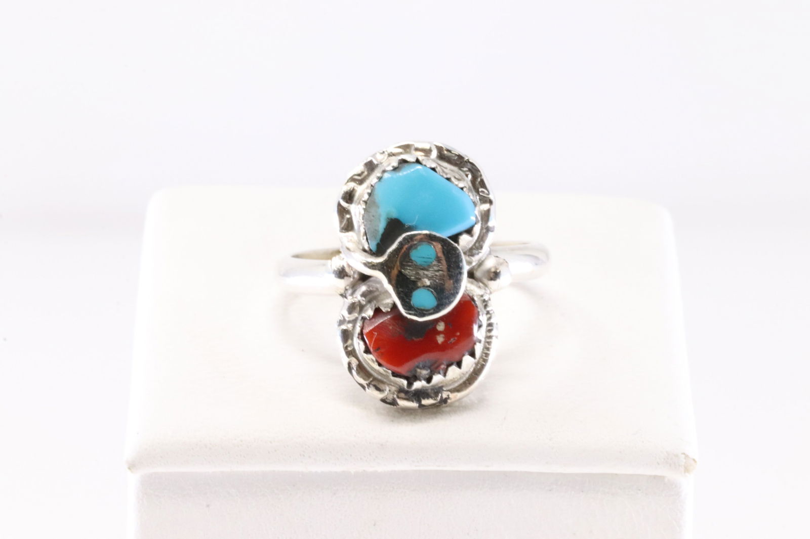 Native America Zuni Sterling Silver Coral & Turquoise Ring By Effie C. (1 of 3)