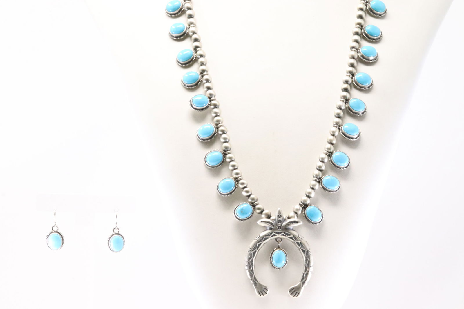 Native American Navajo Sterling Silver Turquoise Necklace & Earring's Set By T. (1 of 8)