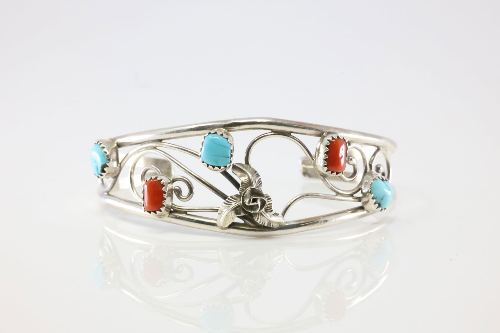 Native America Navajo Sterling Silver Coral & Turquoise Bracelet Cuff By Max Calladitto.: This is a Native America Navajo Sterling Silver Coral & Turquoise Bracelet Cuff By Max Calladitto. Stamp C.