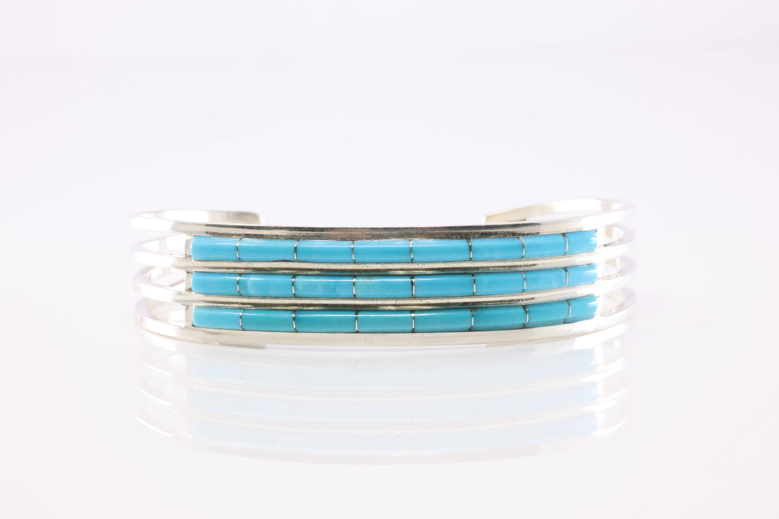 Native America Zuni Sterling Silver Turquoise Inlay Bracelet Cuff By Anson Wallace. From C Company.: This is a Native America Zuni Sterling Silver Turquoise Inlay Bracelet Cuff By Anson Wallace. From C Company. Stamp C.