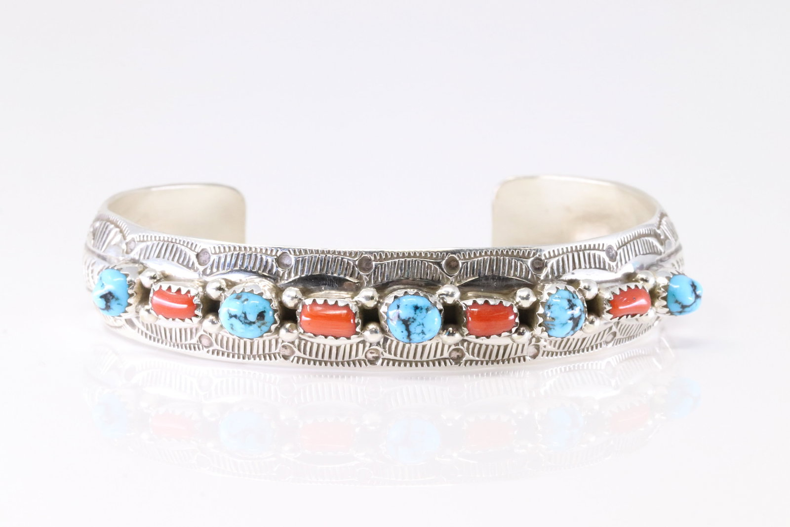 Native America Navajo Sterling Silver Coral & Turquoise Bracelet Cuff By GS. (1 of 4)