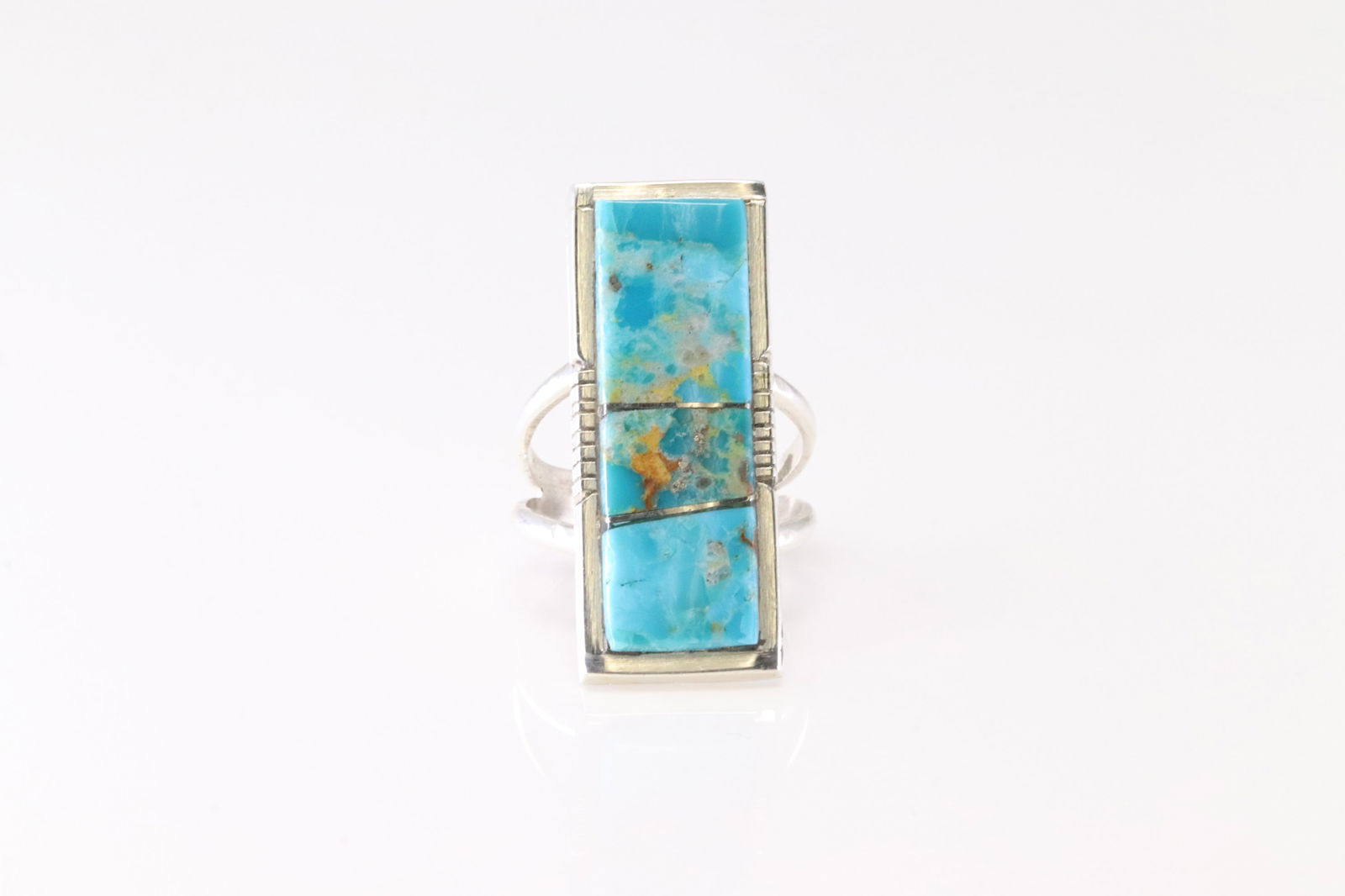 Native America Navajo Sterling Silver Turquoise Inlay Ring By SF.: This is a Native America Navajo Sterling Silver Turquoise Inlay Ring By SF. Stamp Sf. Ring Size: 7.00.