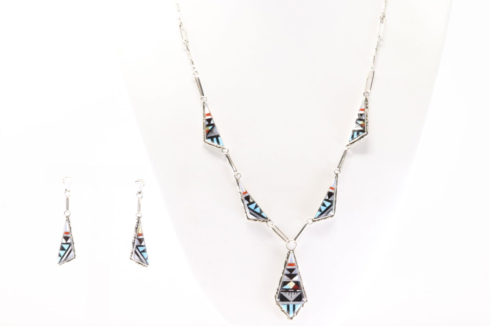 Native America Zuni Sterling Silver Multicolor Stone Inlay Necklace & Earring's Set By Sylvester (1 of 6)