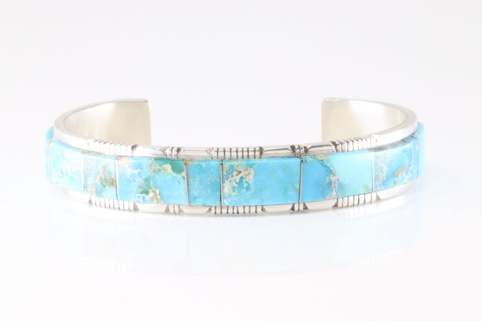 Native America Navajo Sterling Silver Kingman Turquoise Inlay Bracelet Cuff By S.F. (1 of 4)
