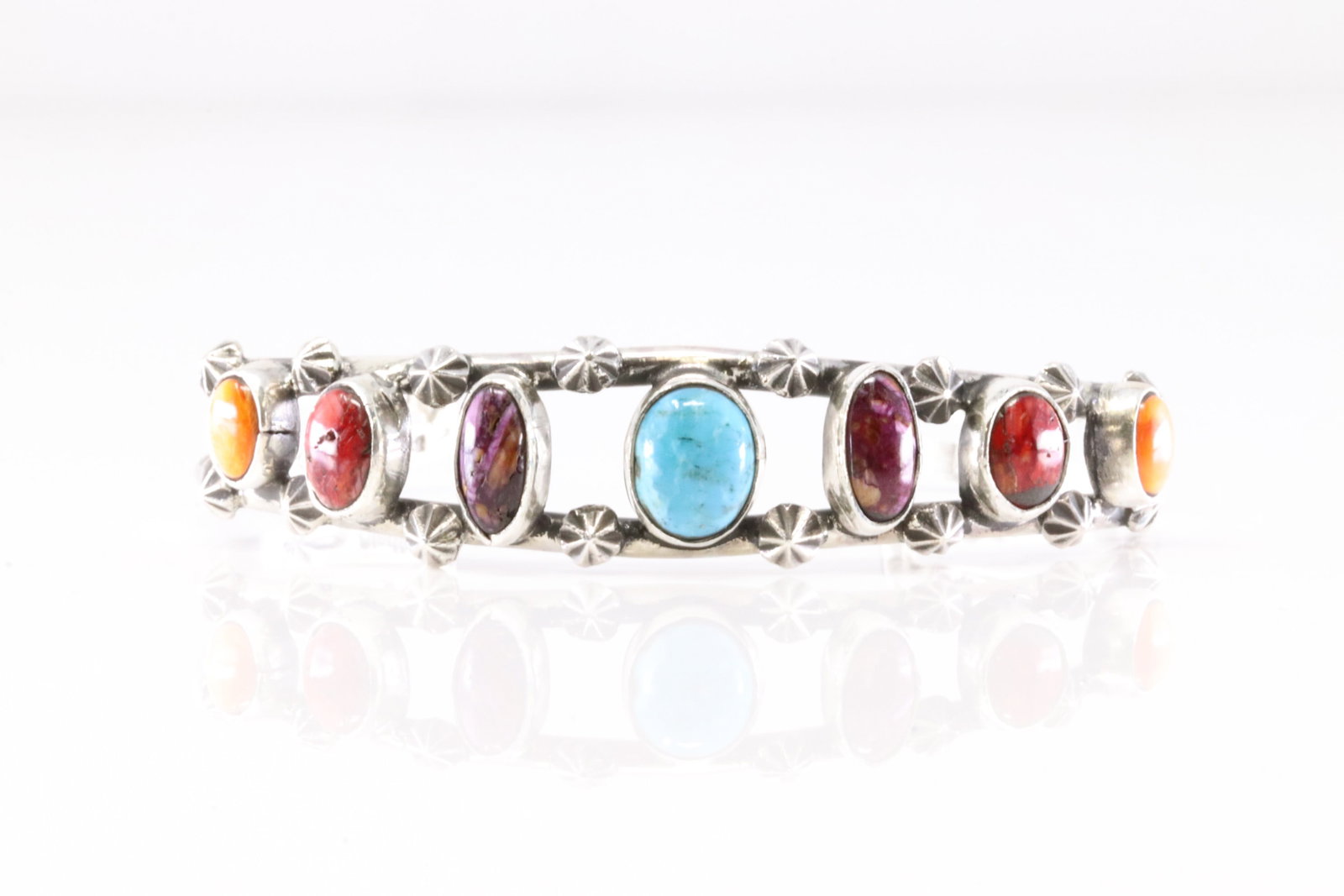 Native America Navajo Sterling Silver Multi-Color Stone Bracelet Cuff By A.Y.: This is a Native America Navajo Sterling Silver Multi-Color Stone Bracelet Cuff By A.Y.