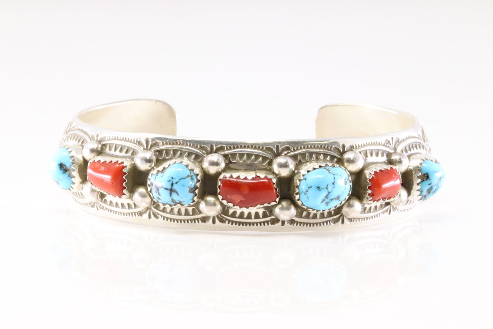 Native America Navajo Sterling Silver Coral & Turquoise Bracelet Cuff By GS.: This is a Native America Navajo Sterling Silver Coral & Turquoise Bracelet Cuff By GS. Stamp GS.