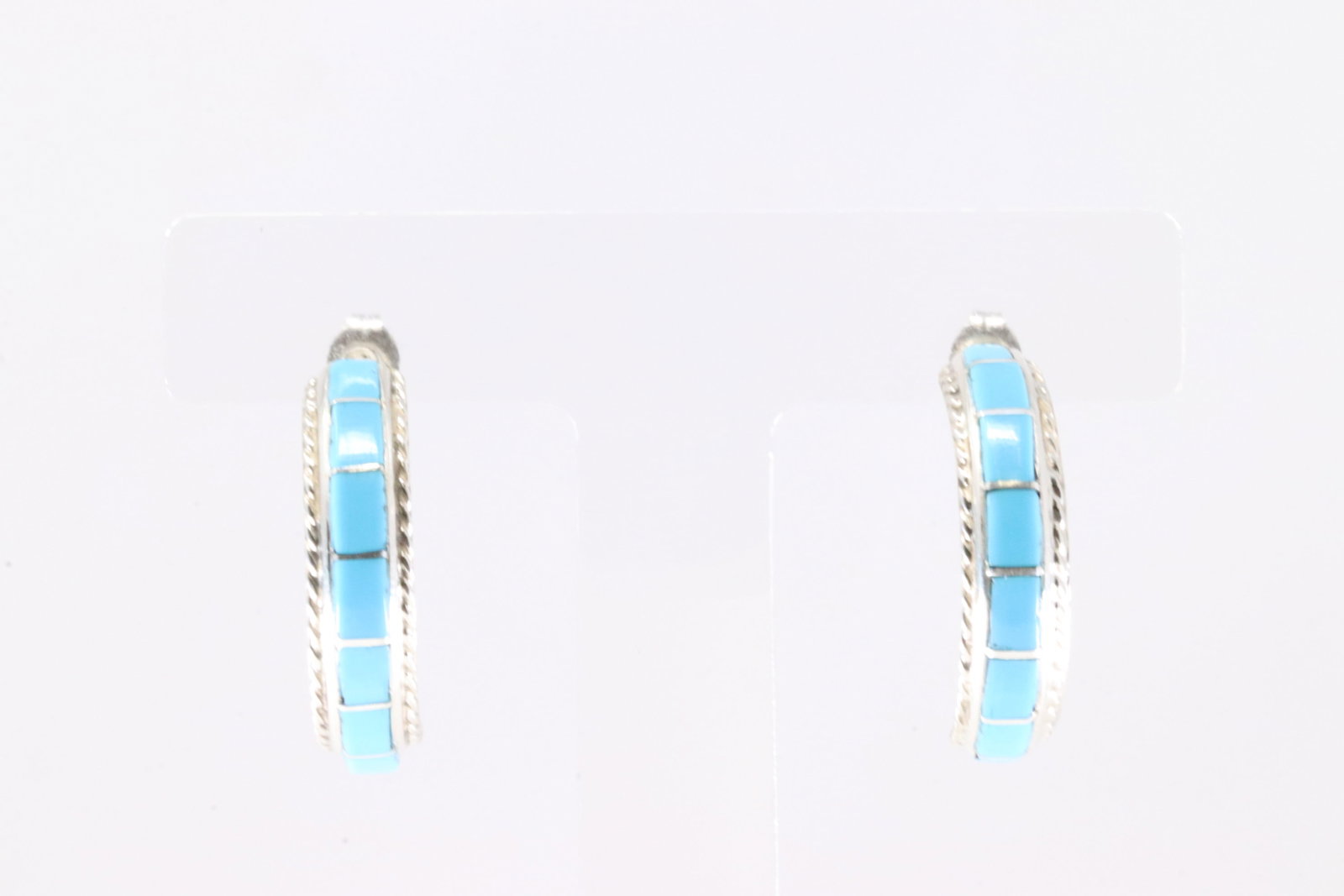 Native America Zuni Sterling Silver Turquoise Hoop Earring's By Miranda Peynetsa.: This is a Native America Zuni Sterling Silver Turquoise Hoop Earring's By Miranda Peynetsa. Stamp MP.