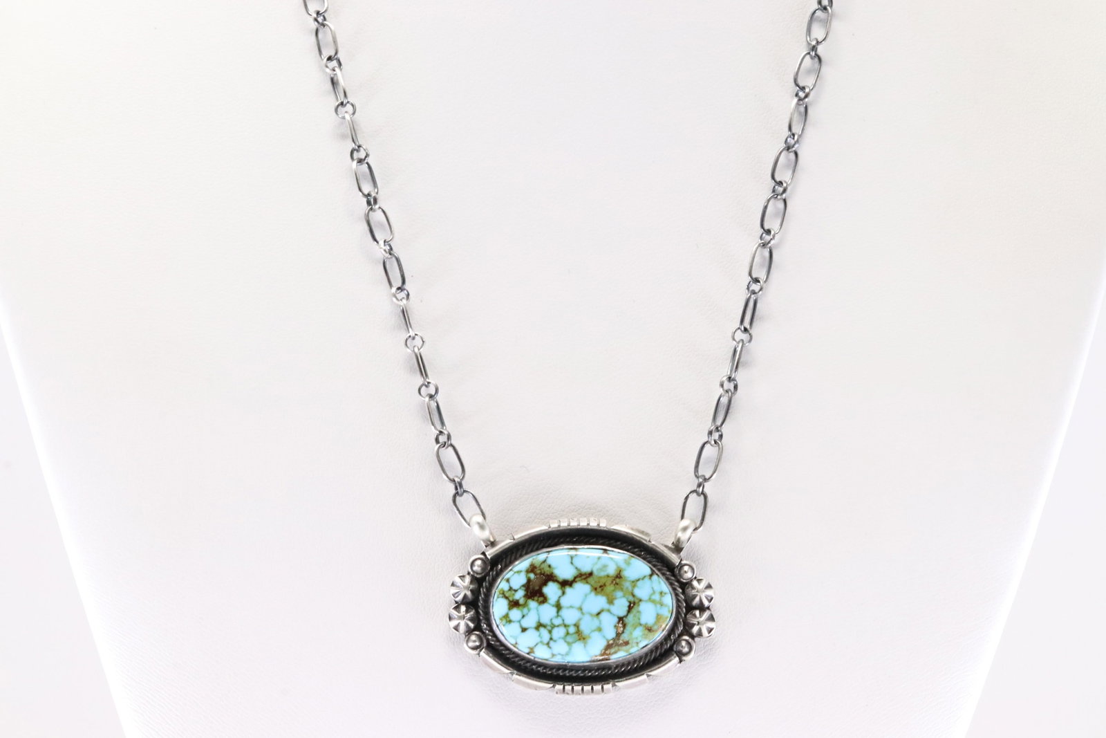 Native America Navajo Sterling Silver Turquoise Necklace By Marita Benally. From R.B Company.: This is a Native America Navajo Sterling Silver Turquoise Necklace By Marita Benally. From R.B Company. Stamp By R.B Company. Necklace Length: 18.00.