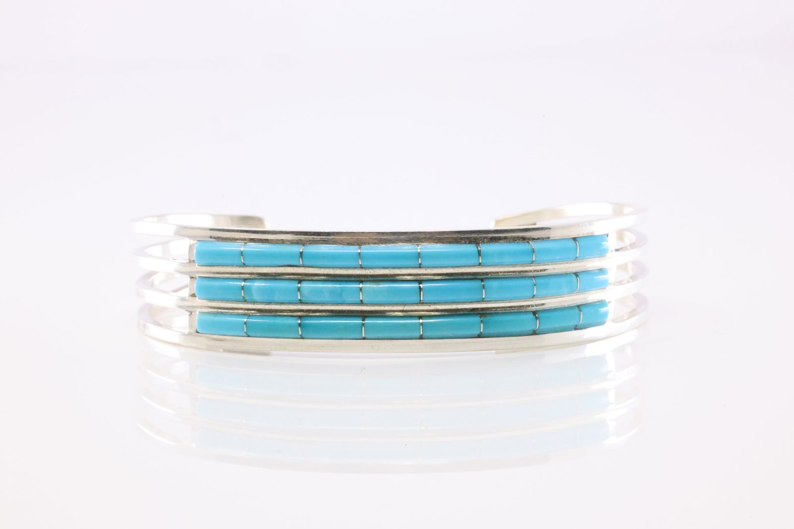 Native America Zuni Sterling Silver Turquoise Inlay Bracelet Cuff By Anson Wallace. From C Company.: This is a Native America Zuni Sterling Silver Turquoise Inlay Bracelet Cuff By Anson Wallace. From C Company. Stamp C.