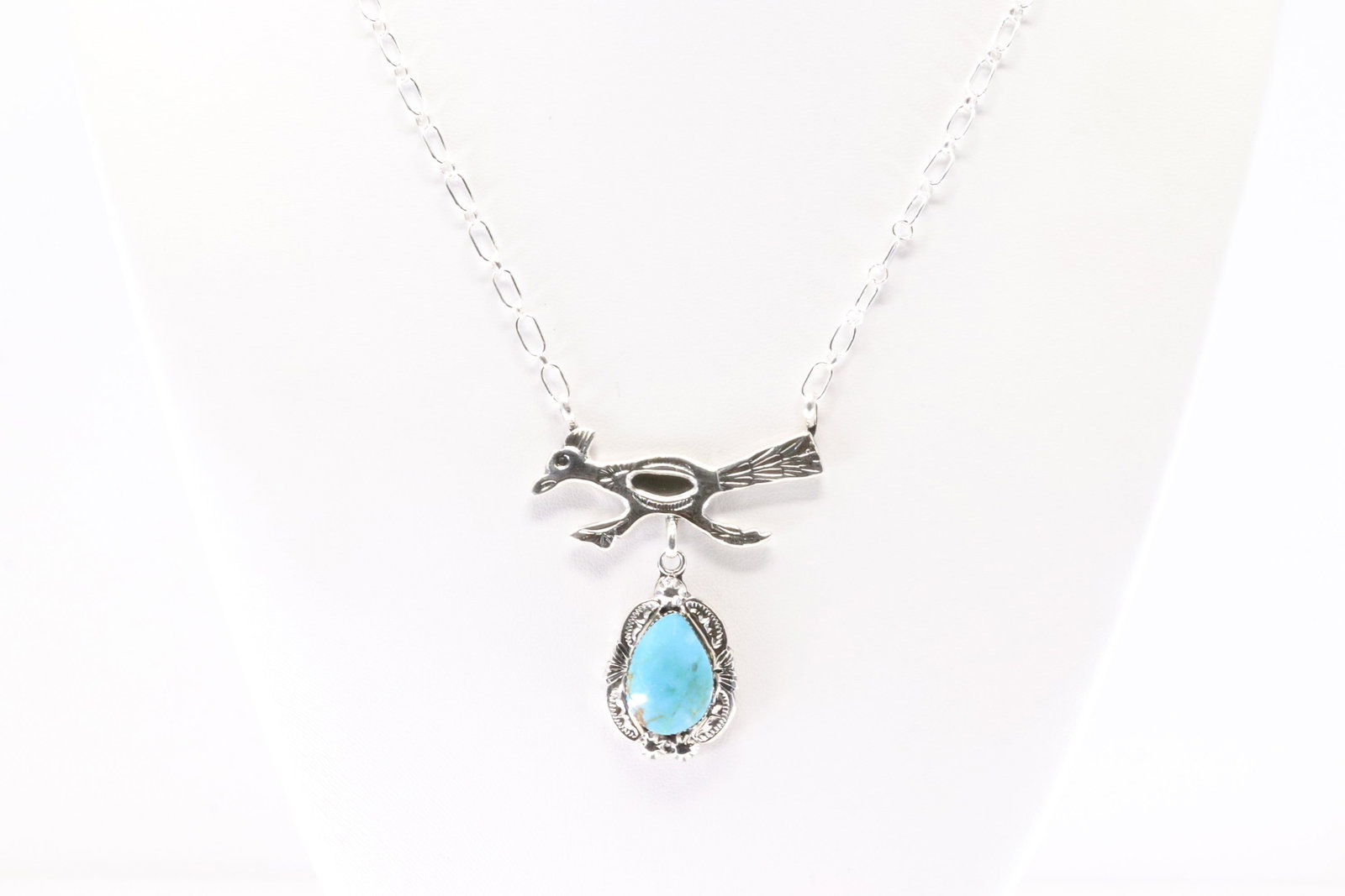 Native America Navajo Sterling Silver Turquoise Roadrunner Necklace By Michael Yazzie. From R.B: This is a Native America Navajo Sterling Silver Turquoise Roadrunner Necklace By Michael Yazzie. From R.B Company. Stamp By R.B Company. Necklace Length: 20.00.