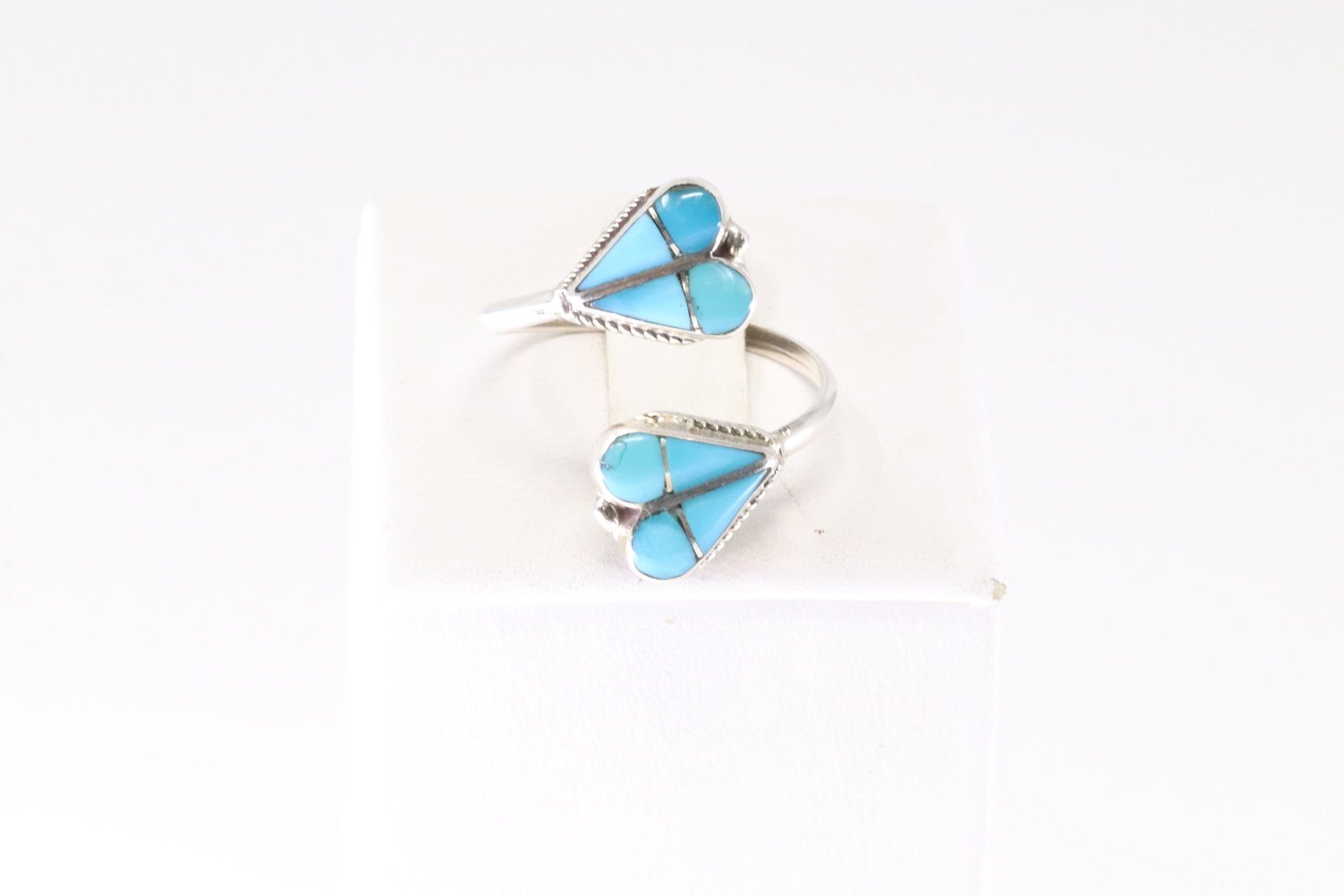 Native America Zuni Sterling Silver Turquoise Inlay Heart Ring By RVN. (1 of 4)