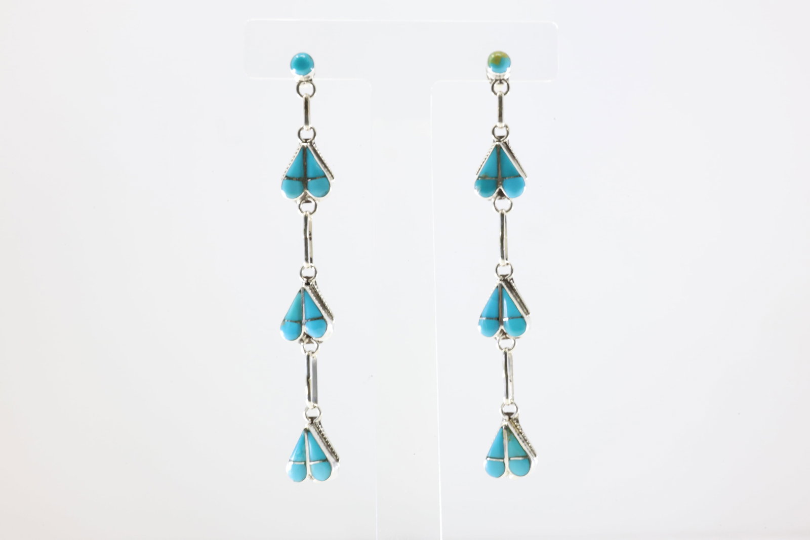 Native America Zuni Sterling Silver Turquoise Inlay Heart Post / Dangling Earring's By Velda: This is a Native America Zuni Sterling Silver Turquoise Inlay Heart Post / Dangling Earring's By Velda Nastacio. Stamp RVN.