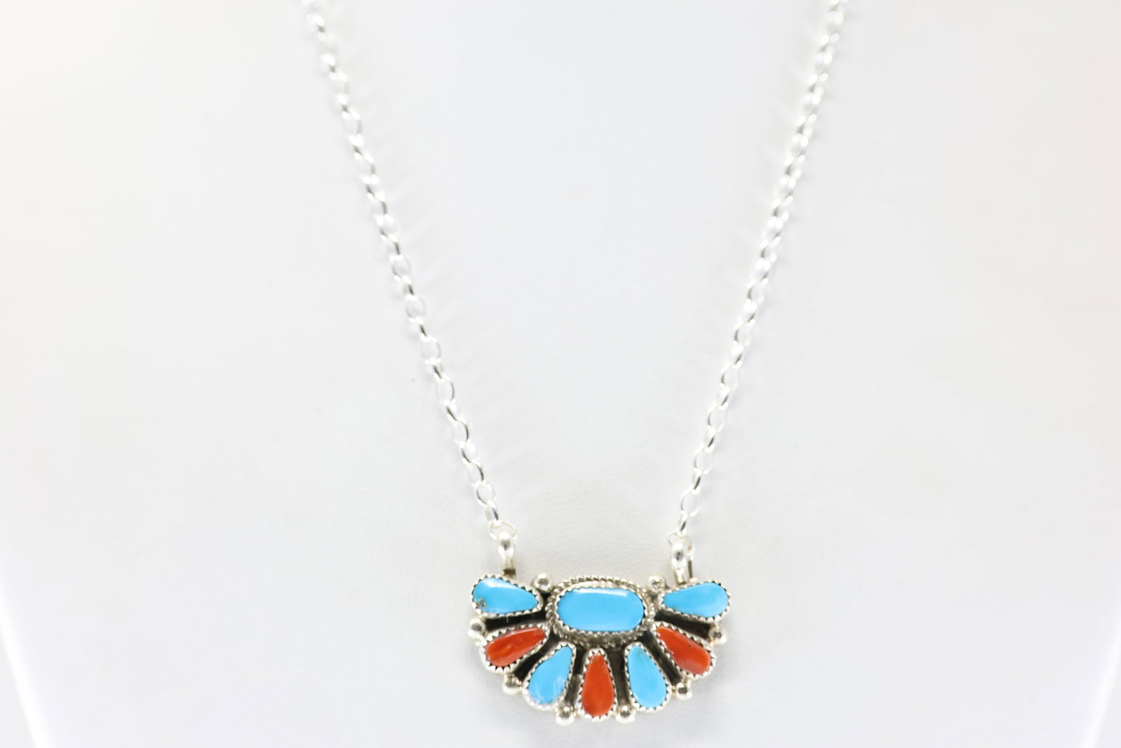 Native America Zuni Sterling Silver Coral & Turquoise Necklace By Alicia Wislon.: This is a Native America Zuni Sterling Silver Coral & Turquoise Necklace By Alicia Wislon. Stamp AJW. Necklace Length: 16.00.