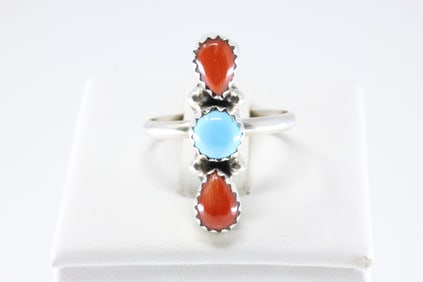 America Sterling Silver Coral & Turquoise Ring.