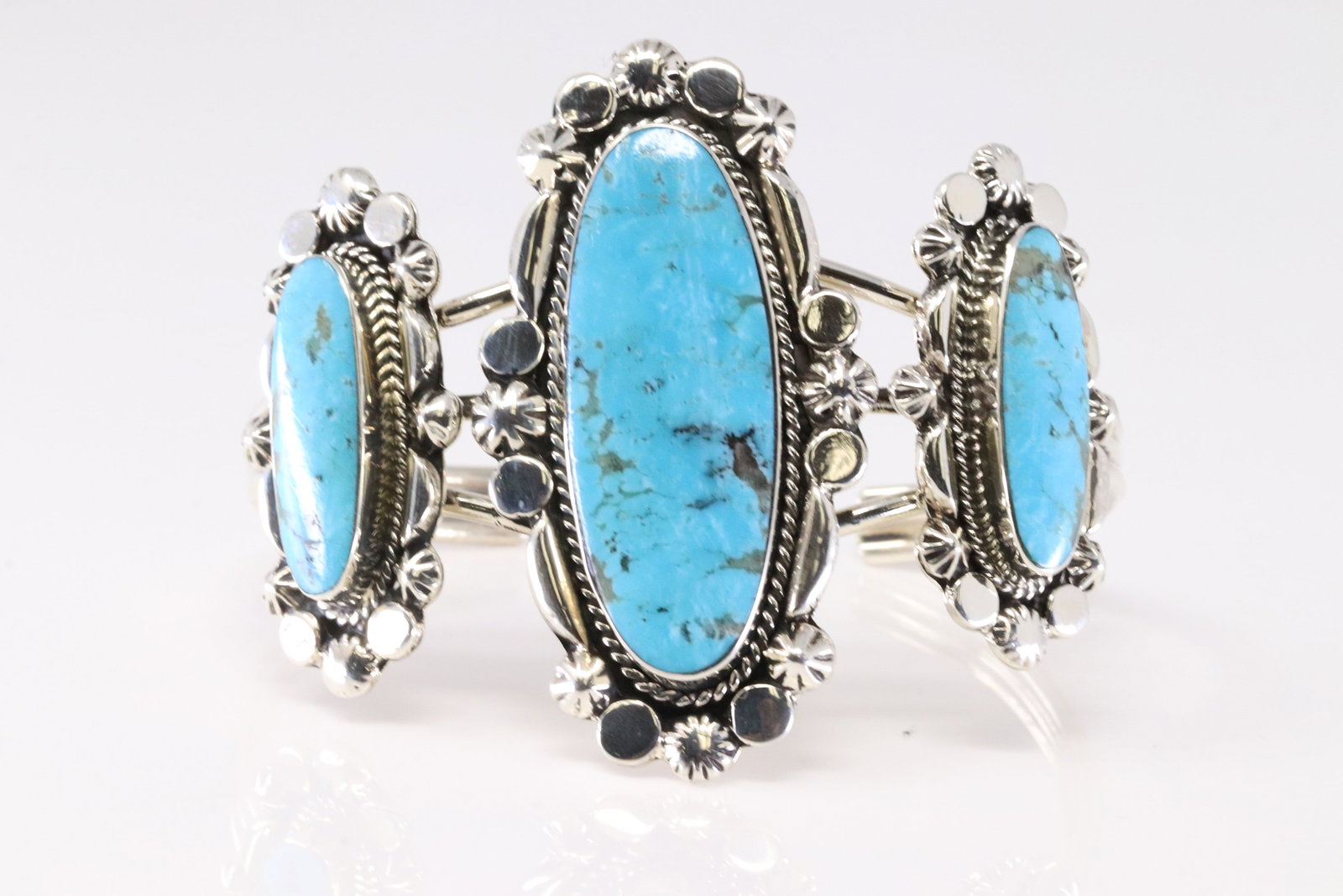 Native America Navajo Sterling Silver Turquoise 3 Stone Bracelet Cuff By Raymond Yazzie. From R.B: This is a Native America Navajo Sterling Silver Turquoise 3 Stone Bracelet Cuff By Raymond Yazzie. From R.B Company. Stamp By R.B Company.