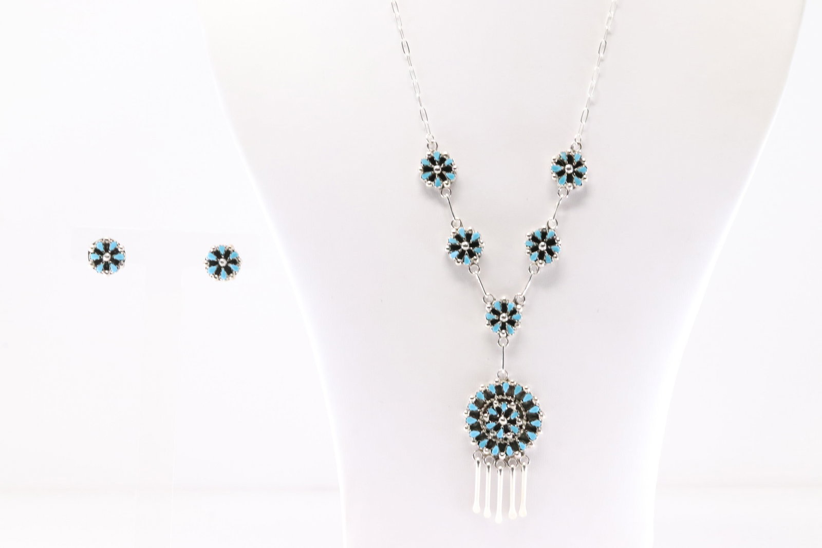 Native America Zuni Sterling Silver Turquoise Necklace & Post Earring's Set By NL & ER. (1 of 6)