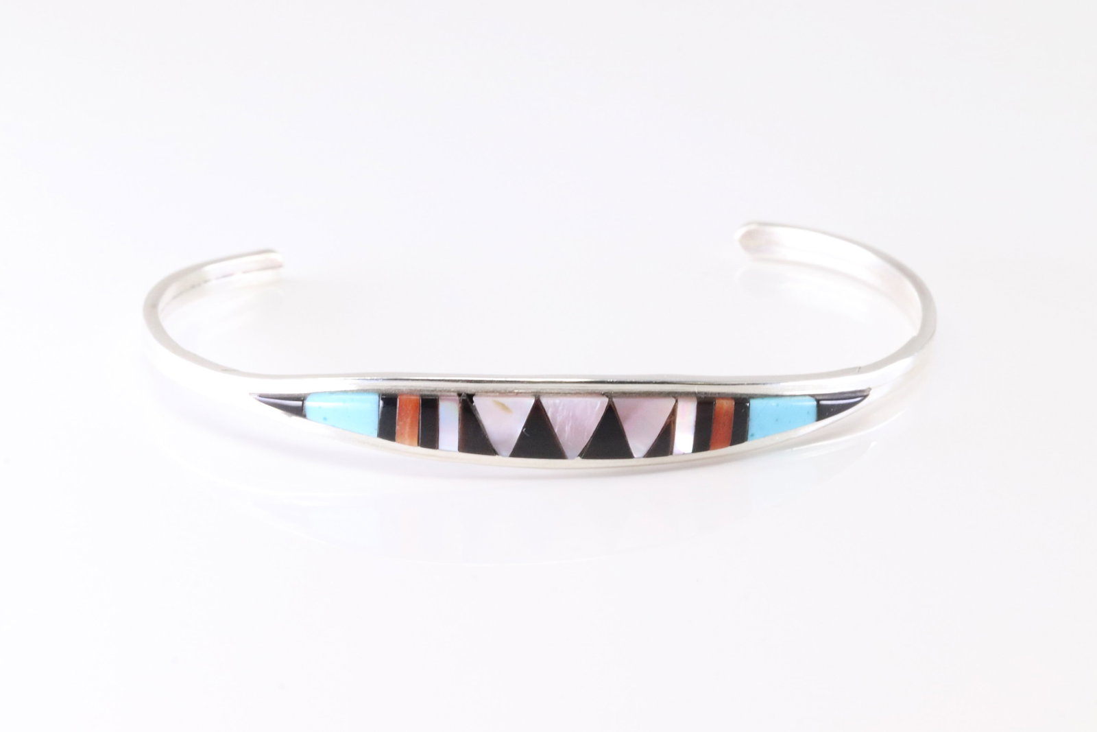 Native America Zuni Sterling Silver Multicolor Stone Inlay Bracelet Cuff By Cena W.: This is a Native America Zuni Sterling Silver Multicolor Stone Inlay Bracelet Cuff By Cena W. Stamp Cena W.