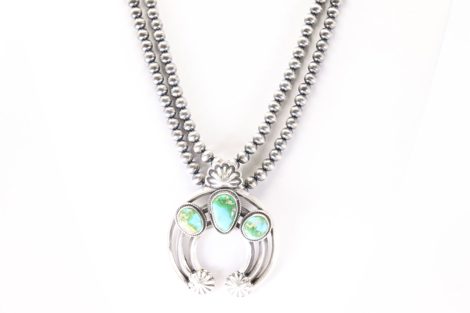 Native America Navajo Sterling Silver Sonora Gold Turquoise Pendant By Tom Lewis With Machine Made: This is a Native America Navajo Sterling Silver Sonora Gold Turquoise Pendant By Tom Lewis With Machine Made Stearling Silver Pearl Beaded Double Strap Necklace. Stamp Tom Lewis. Necklace Length: 18.0