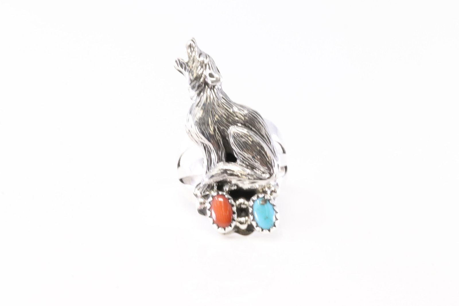 America Sterling Silver Coral & Turquoise Wolf Ring. (1 of 4)