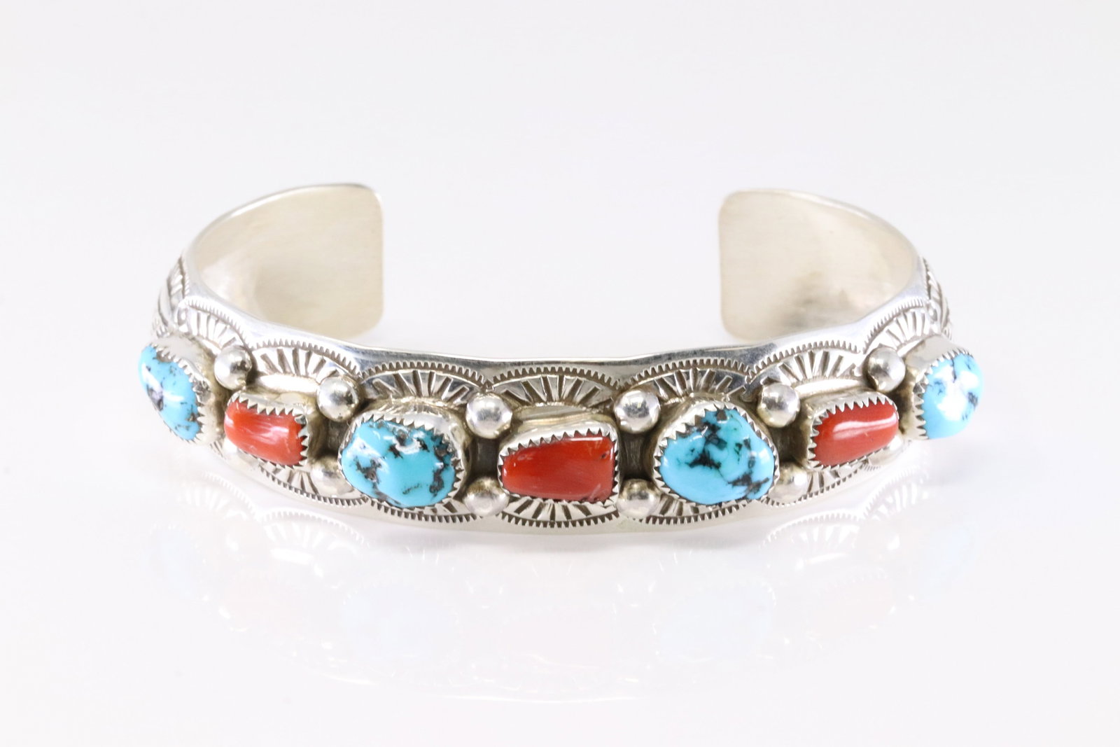 Native America Navajo Sterling Silver Coral & Turquoise Bracelet Cuff By GS. (1 of 4)